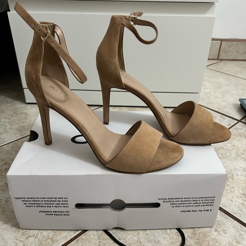ALDO Tan Suede Ankle-Strap Stiletto Sandals